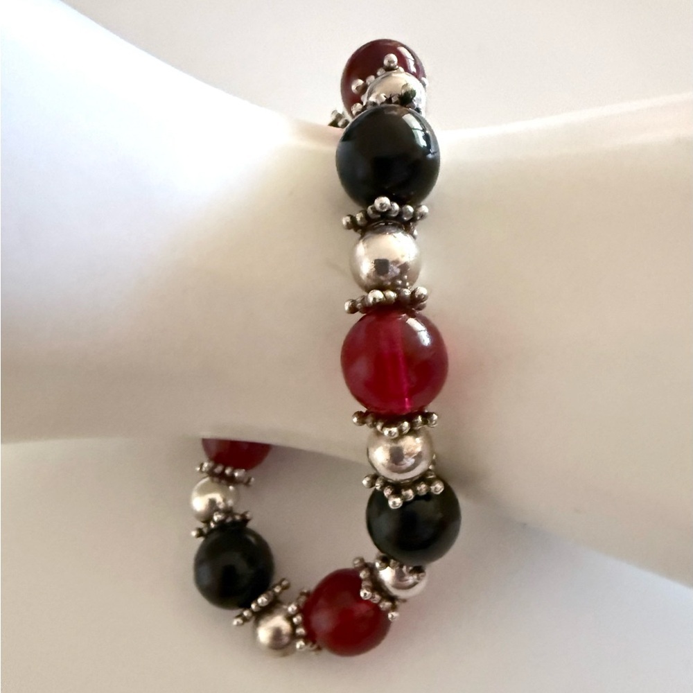 BOHO Bracelet Sterling Silver Black Red Stones With Sterling Beads